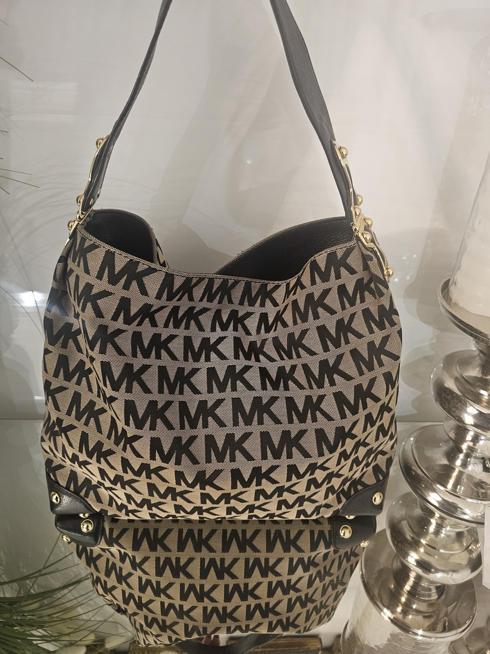 Michael Kors Beige and Black MK Logo Shoulder Hobo